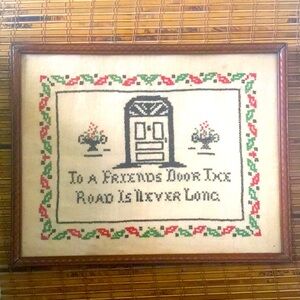 Vintage Framed Cross Stitch Sign Friends Door Fiber Folk Art Needlepoint